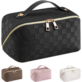 Косметичка для подорожей жіноча, велика містка, з PU шкіри, органайзер для макіяжу, культбагаж, косметичка для подорожей, аксесуари для подорожей, чорно-біла в клітинку