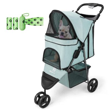 Дитяча коляска для тварин, складна, для котів/собак, з кошиком для зберігання та тримачем для напоїв, 3 колеса, для собак та котів, для маленьких або середніх собак, котів, цуценят (Блакитно-зелений)