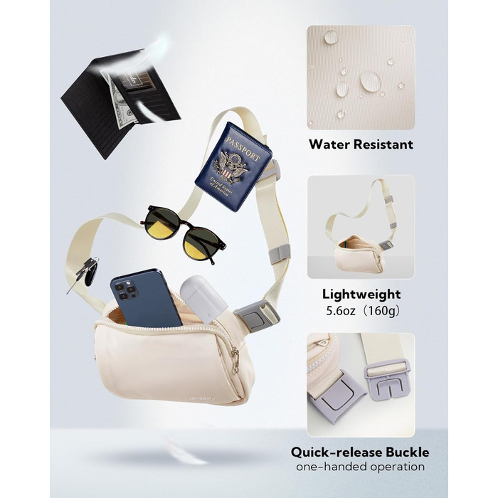 WATERFLY Поясна сумка на пояс для чоловіків та жінок: Стильна нагрудна сумка для спорту та моди, водонепроникна, маленька сумка на стегно для активного відпочинку, подорожей, походів, фестивалів (Бежева)
