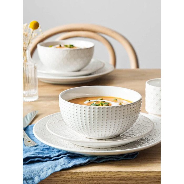 Набір посуду LE TAUCI: 12 елементів (4 сервізи) – тарілки, десертні тарілки, миски, білий колір, для миття в посудомийній машині