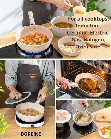 Набір посуду BOREINE 14 предметів: каструлі та сковороди з антипригарним гранітним покриттям (PFOA-free), знімні ручки, для всіх типів плит (індукція, склокераміка, газ, духовка), коричневий