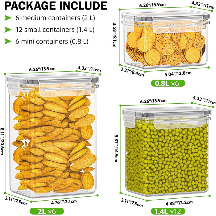 Набір контейнерів для зберігання продуктів – 24 шт. з герметичними кришками, BPA-free, для кухні. Підходять для борошна, цукру, круп та випічки, об'єм 33.6л