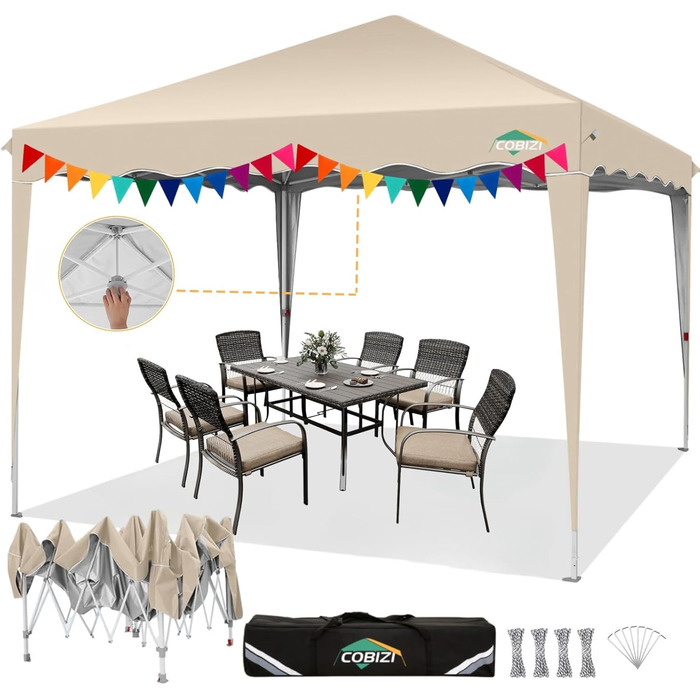 COBIZI Folding Gazebo 3x3, 3x3 Gazebo Waterproof Stable One Push UV Protection Outdoor Party Tent Wave Drip Tent Event Tent Tent Garden Gazebo Folding 3x3m With Carry Bag, Khaki