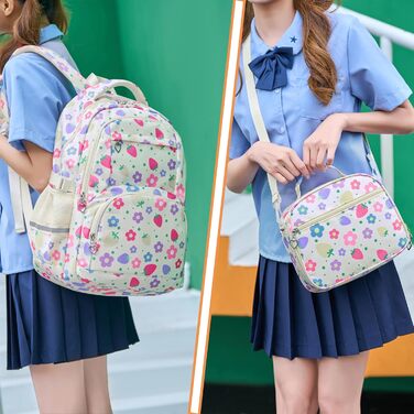 Шкільний рюкзак для дівчаток-підлітків, вінтажний набір, квітковий дизайн, рюкзак для ноутбука, шкільні сумки для жінок, школа, подорожі, з ланч-боксом, сумкою та пеналом (Клубнично-рожевий)