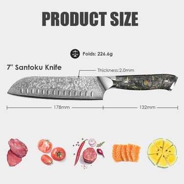Японський ніж Santoku Kyushublade з дамаської сталі (67 шарів), з унікальною ручкою з карбону та золота, професійний кухонний ніж