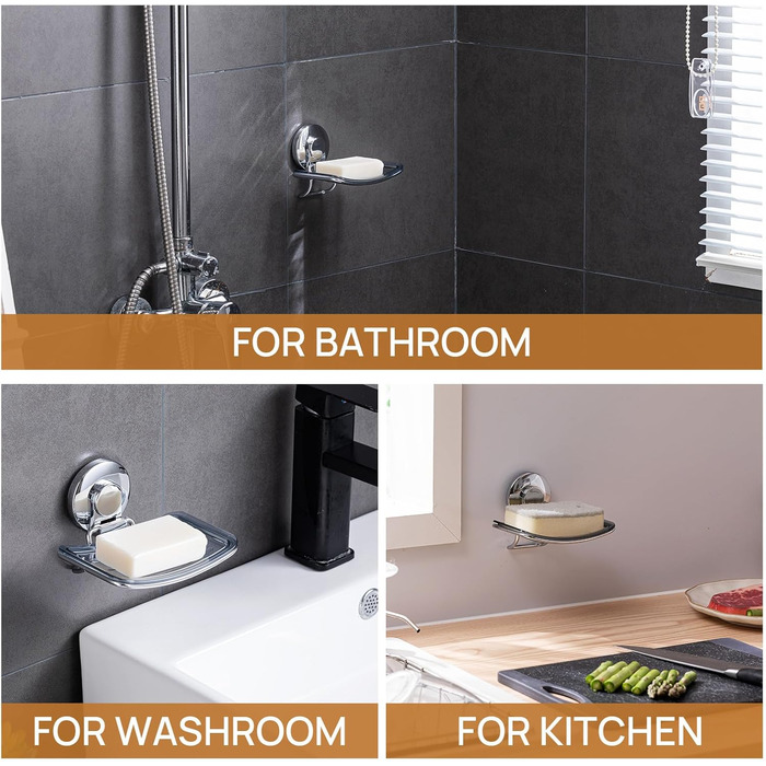 Тримач для мила LEVERLOC з піддоном, місткість до 3 кг, настінний, без свердління, з присосками, для ванної кімнати та кухні, білий (1 ступінь хромована сталь)