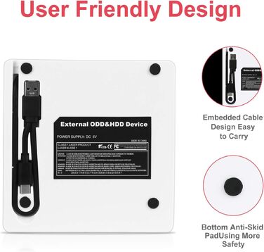 Зовнішній CD/DVD привід USB 3.0 та Type-C з картридером SD/TF, портативний RW-записувач для ноутбука, ПК, MacBook (Windows, macOS, Linux) — Білий