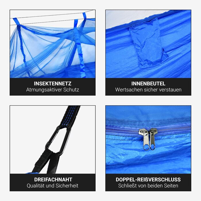 Гамак для кемпінгу MSports Premium Ultraleicht з москітною сіткою | 250 кг, дихаючий, кобальтово-синій