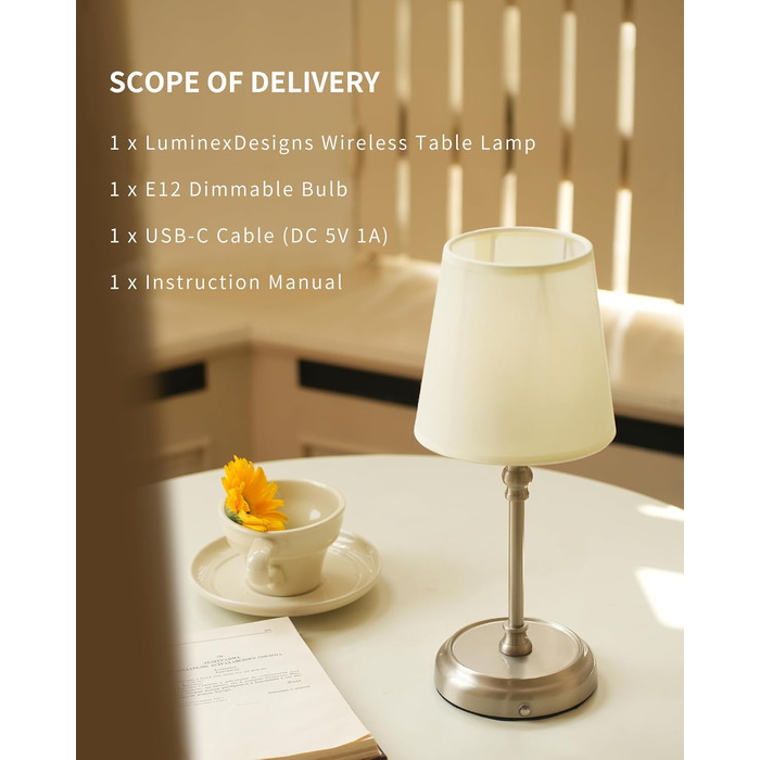 Нічник бездротовий акумуляторний Wiederaufladbare для вітальні, спальні, їдальні - Gold (з лампочкою, димування, сенсорне управління, 5200 mAh)