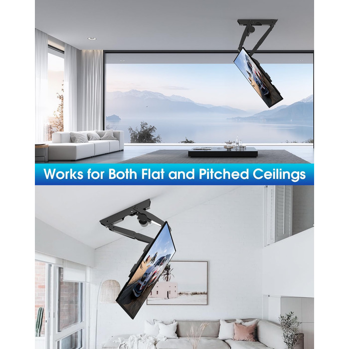 Електричний кронштейн для телевізора на стелю 32-70 дюймів, для плоских та вигнутих TV, чорний, VESA 600x400 мм, з пультом ДУ