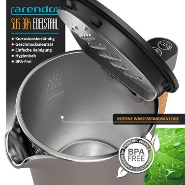 Електричний чайник Arendo з регулюванням температури, 1.5 л, нержавіюча сталь, подвійні стінки, BPA free, функція підтримки тепла, Cool Touch, Taupe C