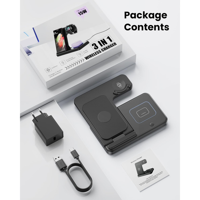 Бездротова зарядка GEEKERA 3-в-1 для Samsung: S25/S24/S23/S22, Galaxy Watch 8/7/6/5/4/3, Galaxy Buds (Чорний)