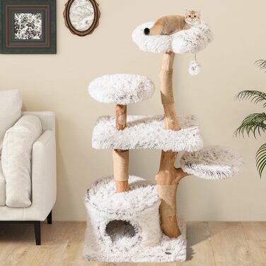 Дерев'яний кігтеточка SOARS для котів з 3 природними стовбурами, ліжком та плюшевими поверхнями, кігтеточка з іграшковим м'ячиком та джутовим мотузком, багатоповерхова, 49 x 59 x 110 см, білий