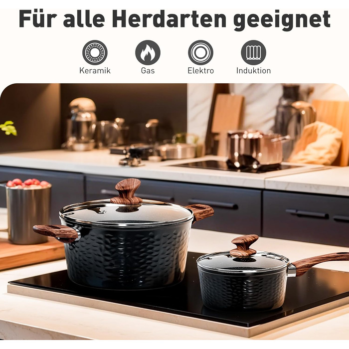 Набір кухонного посуду Kitchen Academy з антипригарним гранітним покриттям, 15 предметів: каструлі, сковороди з кришками, для індукційних плит, чорний колір