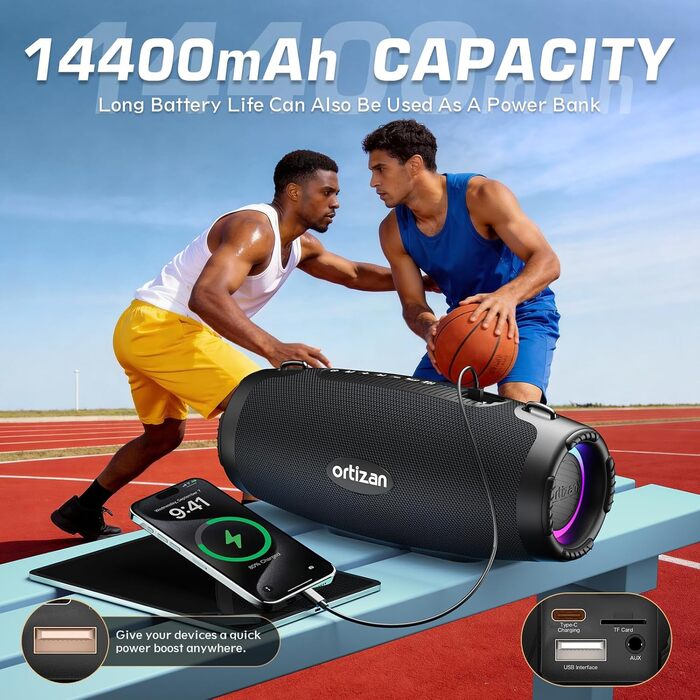 Ortizan Bluetooth колонка портативна 80 Вт, чорна: Водонепроникна IPX7, LED-підсвітка, Power Bank, до 12 год. роботи, Extra Bass