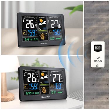 Newentor Weather Station Radio with Outdoor Sensor - Radio Weather Station with Weather Forecast, Temperature Warning, DCF Radio Clock - Battery and Mains Powered, Black