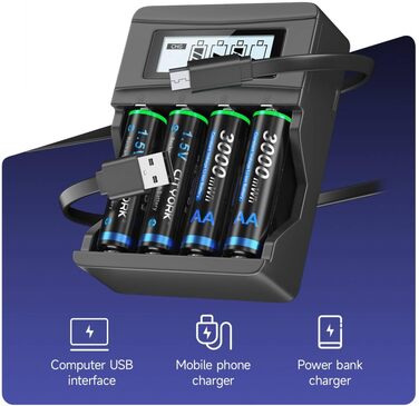 CITYORK Акумулятори AA Li-Ion, 4 шт., 1.5V, 3000mWh, з зарядним пристроєм Bay LCD Micro USB, швидка зарядка, захист від перевантаження