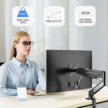 Кріплення для монітора Suptek, регульована висота, газовий амортизатор, для моніторів 17-32 дюймів, VESA 75/100 мм, до 10 кг, ергономічна підставка, чорний