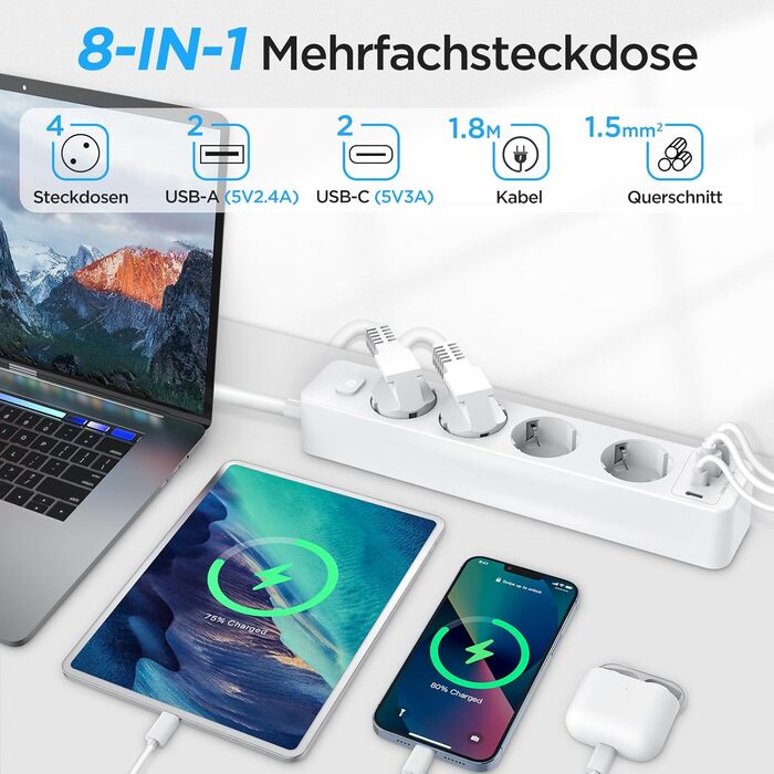 Розподільник розеток з 4 USB та захистом від перенапруги, 4000W, 16A, з вимикачем, 1.8м кабель, білий