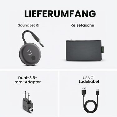 Bluetooth-адаптер для літака Avantree SoundJet R1 для AirPods та бездротових навушників, 25 годин роботи, металевий чорний