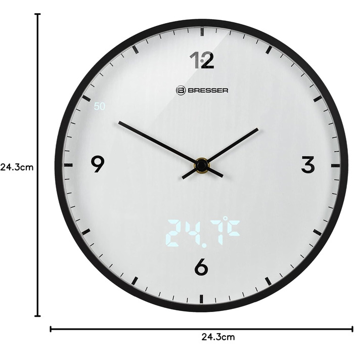 Bresser MyTime Wall Clock with Radio Control, No Ticking Sound, 24 cm Dial, LED Second Display, Indoor Temperature, and Silent Radio Movement, (White)