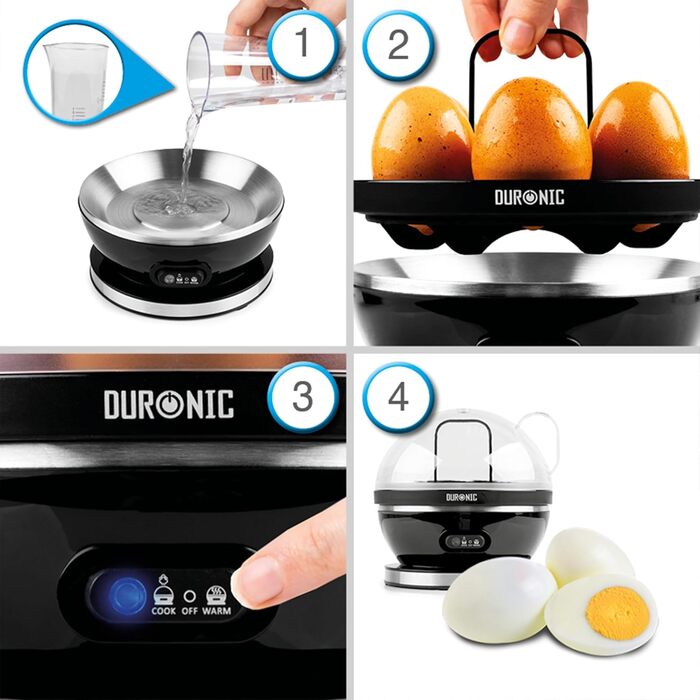 Електричний яйцеварка Duronic EB27 WE: 1-7 яєць, регулювання ступеня готовності, таймер, захист від перегріву, мірна склянка та ложка для яєць
