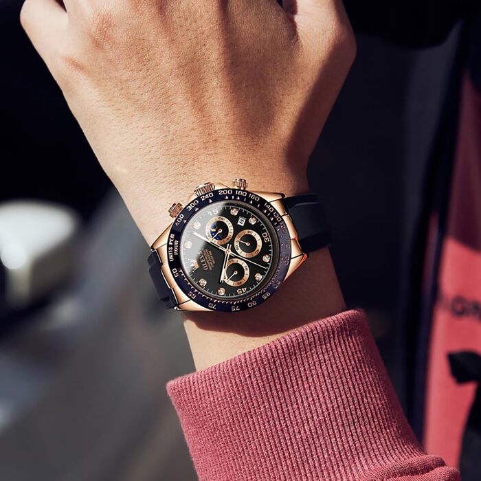 Чоловічий годинник OLEVS з хронографом, діамантами, календарем, водонепроникний, чорний ремінь, рожево-золотий та чорний циферблат