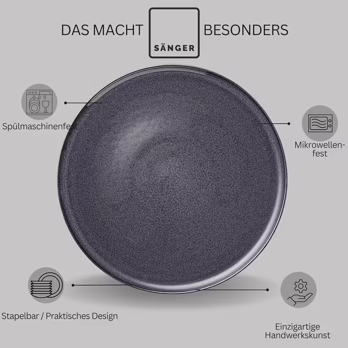 SÄNGER | Teller Set Bali 36-Piece, Dinnerware Set for 12 People, Stoneware Plates, Dinnerware including Dinner Plates, Dessert Plates & Deep Plates, Dinner Plates, Table Service Dark Gray with Dark Grain Bali Dinnerware Set 36-Piece