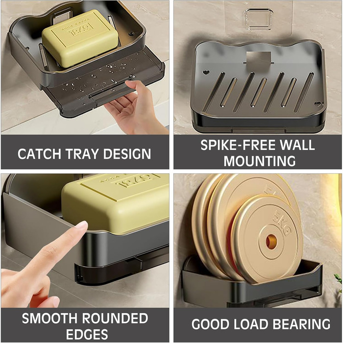 Набір з 2 тримачів для мила без свердління, мильниця з піддоном, настінна мильниця для душу, самоклеючі тримачі для мила, чорна/сіра мильниця для душу