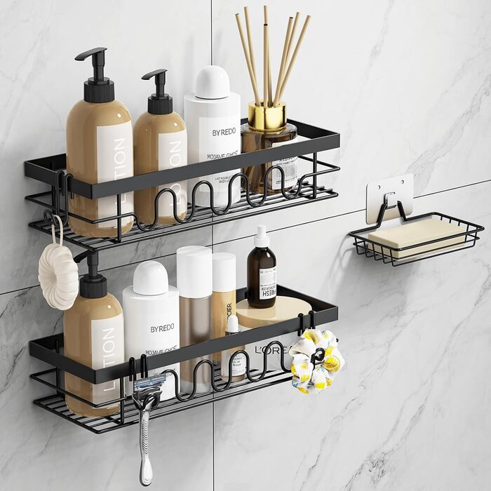 Поличка для душу без свердління, 3-секційний органайзер для душу з регульованими кошиками, нержавіюча сталь - Максимальний простір для зберігання з мильницею та 3 гачками для душу, ванної, кухні, балкону - Підставка для душу без свердління