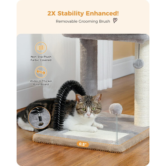PETEPELA Small Scratching Post 51cm with Sisal Scratching Column, Scratching Board, Scratching Pad, Play Ball, Plush Cave for Kittens, Grey