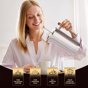 Кавоварка French Press KICHLY на 8 чашок з нержавіючої сталі, 1000 мл, з подвійними стінками та фільтром