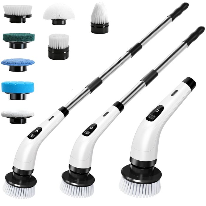 Електрична ротаційна щітка для прибирання: 8 насадок, регульована ручка, USB-C зарядка. Підходить для підлоги, плитки, ванної, кухні та душу