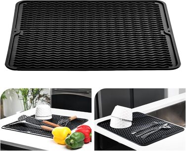 Килимок для сушіння посуду KitchenRaku 40x60 см, чорний - силіконовий, термостійкий, антиковзний килимок для мийки та столу