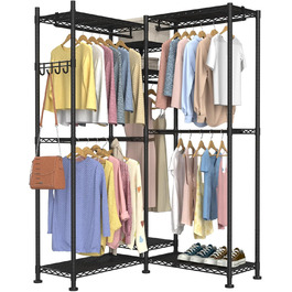 Clothes Rack, Clothes Rack, 4-Tier, Adjustable Closet Organizer System with Drawer | Double Rods | Side Hooks | Holds 445 lbs (L-shaped Clothes Rack for Corners)