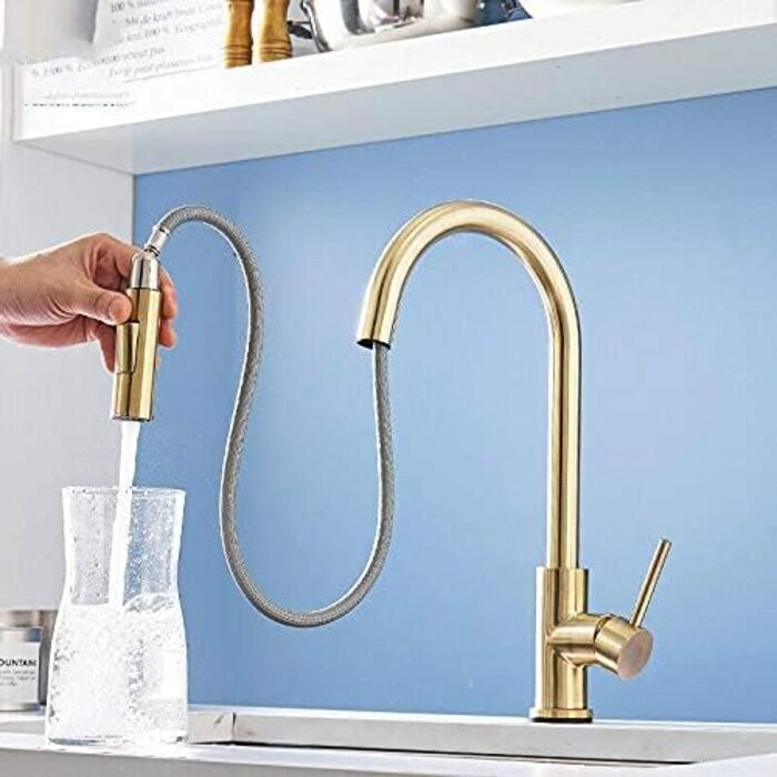 Знімна кухонна змішувач з 2 функціями, золото, 360° поворот, для кухонної мийки, однорідний змішувач, холодна та тепла вода, золотий матовий