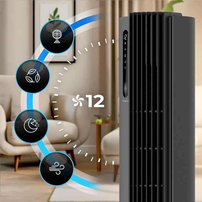 Турбовентилятор 110 см з пультом керування, тихий вентилятор-вежа, 30W, 12 швидкостей, таймер 12h, іонізація, охолоджувач повітря PURE Plasma, білий (сірий)