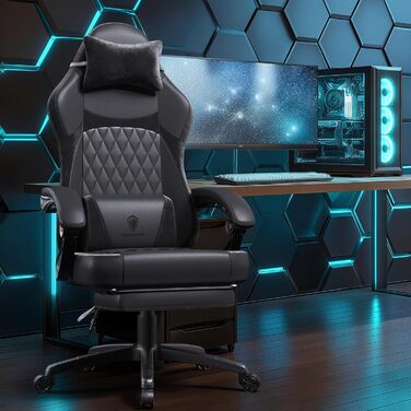 Ігровий крісло Dowinx з PU-шкіри, ергономічний, з підтримкою попереку, для ПК, до 150 кг (чорний)