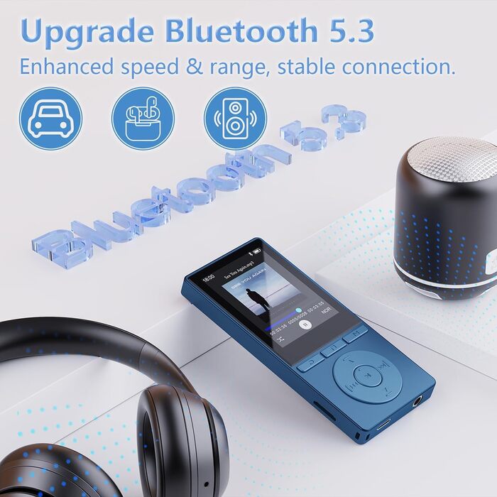 MP3 плеєр 64GB Bluetooth 5.3 з динаміком, HiFi звук, запис голосу, E-book, підтримка TF карти 128GB (Синій)