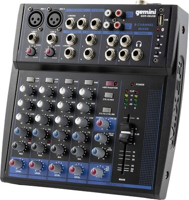 Мікшерний пульт Gemini GEM 08 USB, Bluetooth, 8 каналів, фантомне живлення, USB медіаплеєр, для стрімінгу