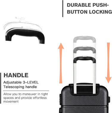 Чемодан ручної поклажі KONO з жорсткою оболонкою, на колесах, 55x38x22 см, 33 літри, ABS, чорний