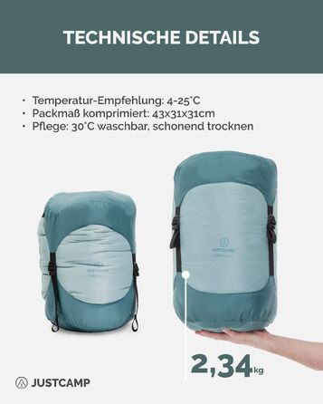 Літній спальний мішок Justcamp Melvin для кемпінгу та подорожей, 3 сезони (4-25 °C), широкий ковдровий тип (80 см), м'ятний