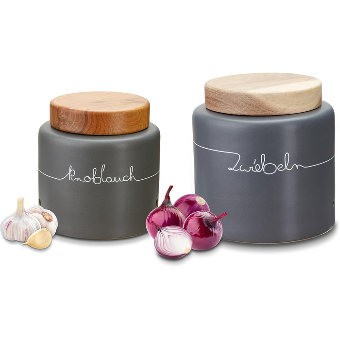 Набір контейнерів для зберігання KHG для кухні сірого кольору антрацит з дерев'яними кришками, керамічні контейнери для продуктів, з маркуванням, набір органайзерів для кухні, без пластику та світлонепроникні (набір для цибулі та часнику)