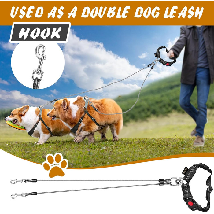 Подвійний автомобільний ремінь безпеки для собак, сталевий трос, Kauer, чорний (для 2 собак)