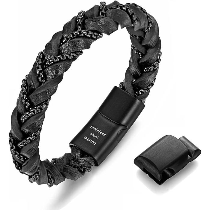 Чоловічий шкіряний браслет преміум-класу, чорний та коричневий, з нержавіючою сталевою застібкою-магнітом, 22 см