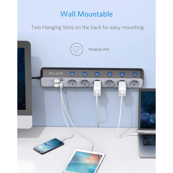 BESTEK Розподільник розеток 6-fach з USB, захист від перенапруги 900 Дж, настінний, з вимикачем, синьо-білий, кабель 3 м