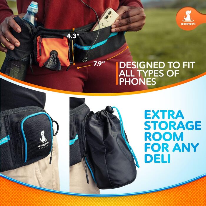 Світловідбиваючий нашийник-ручка для собак SparklyPets - Аксесуар для прогулянок без рук для середніх та великих порід - Комплект з тримачем для телефону, змінним контейнером для відходів, кишенькою для ласощів та тримачем для пляшки. Оранжевий колір.