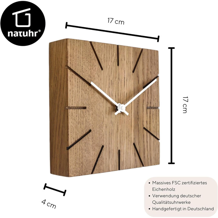 Natuhr Funk Wall Clock Table Clock Oak Wood - Beam - Solid Wood Design 17 x 17 cm (Smoked Oak Black Hands, ) (Smoked Oak / White Hands, Quartz Movement)