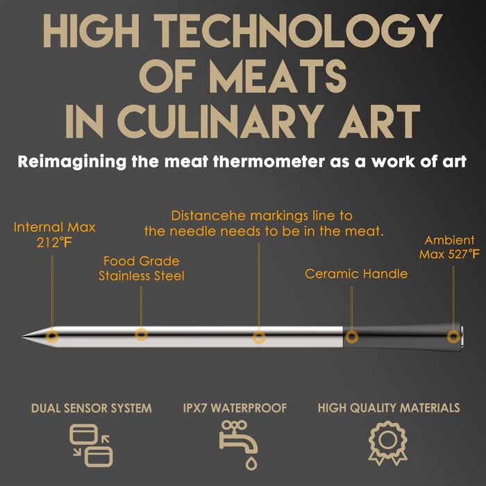 Розумний термометр для м'яса 800FT з тонким зондом 5.5мм, Bluetooth 5.3, для гриля, BBQ, кухні, духовки, коптильні (чорний)
