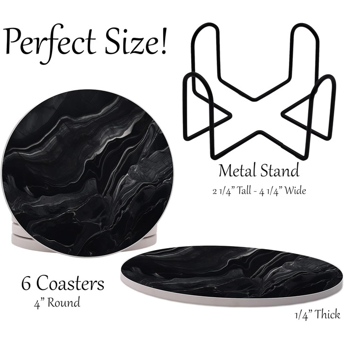 Aqua Blue Teal Marble Coasters Set of 6 - Absorbent Ceramic Coasters with Metal Stand for Drinks, Coffee, Non-Slip Cork Back for Table Protection, 10.2 cm Marble Pattern (Blue-Green) (Black)